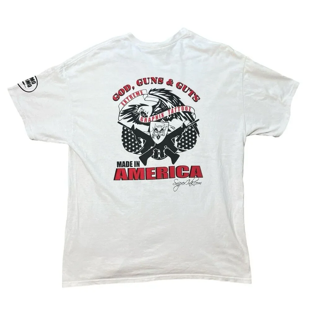 Gildan Graphic T Shirt Mens XL White God Guns Guts Biker Tattoo America Tee‎